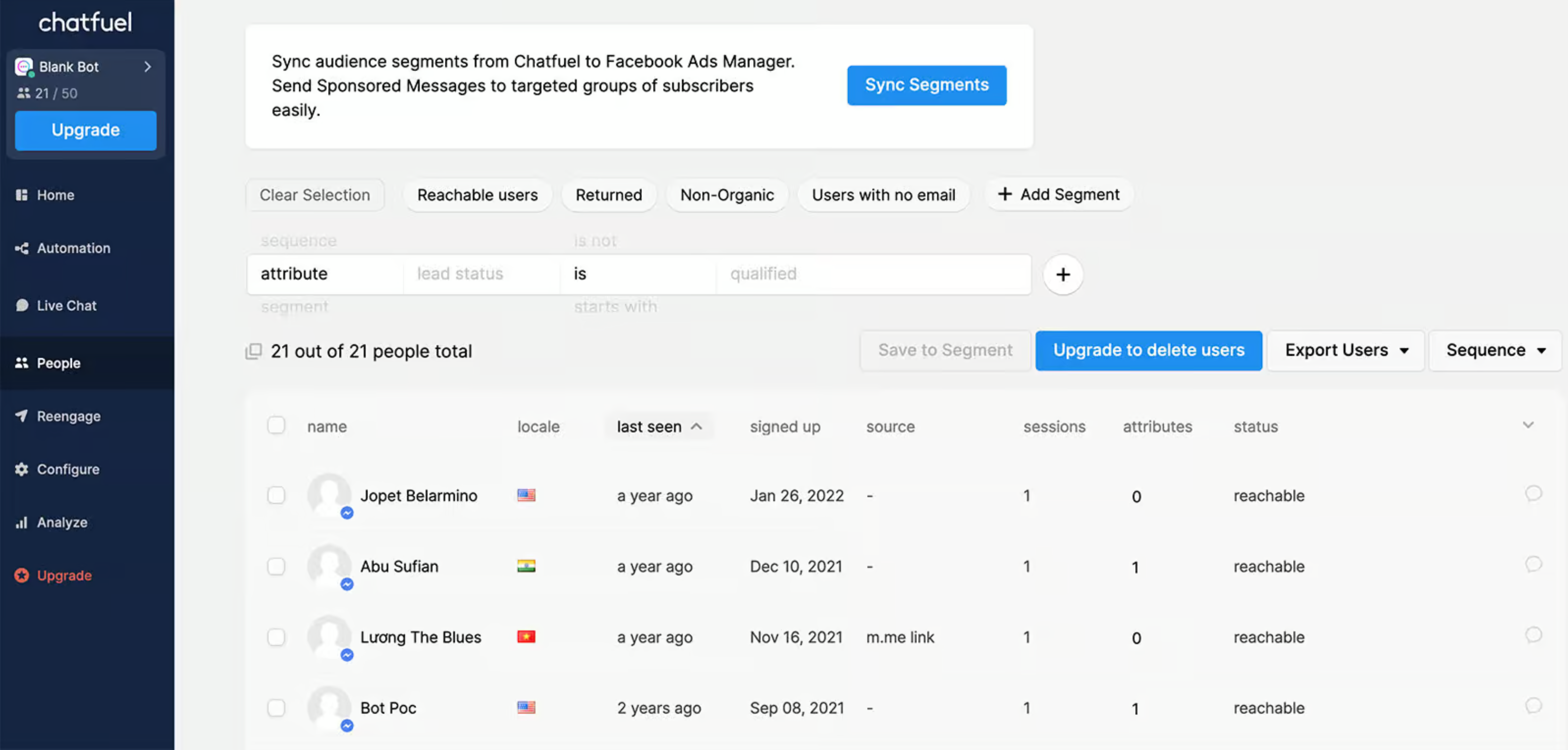 Chatfuel leads board and contact management view from the official Chatfuel Help Center.