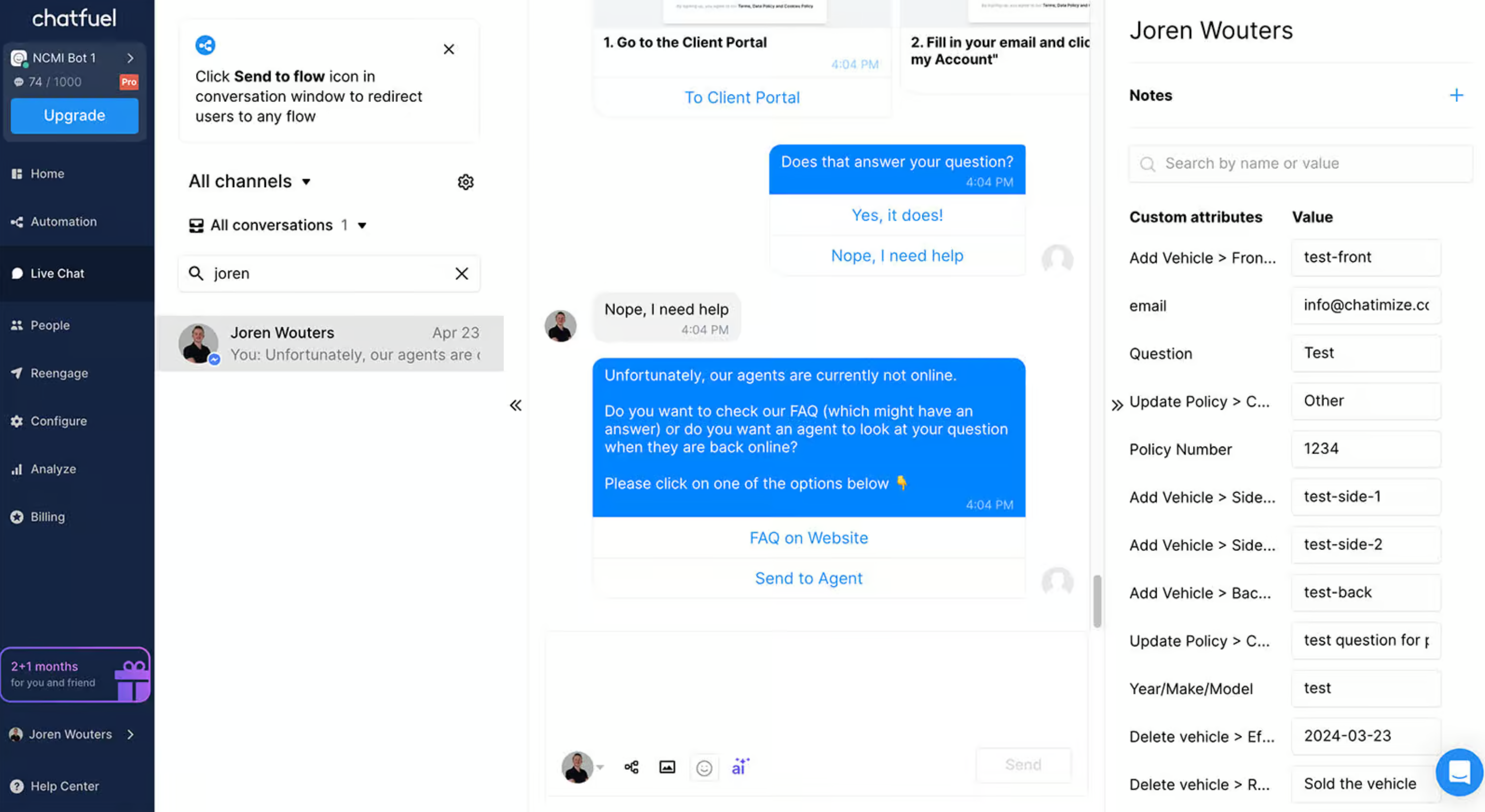 Chatfuel live chat and team messaging mobile view from the official Chatfuel website.