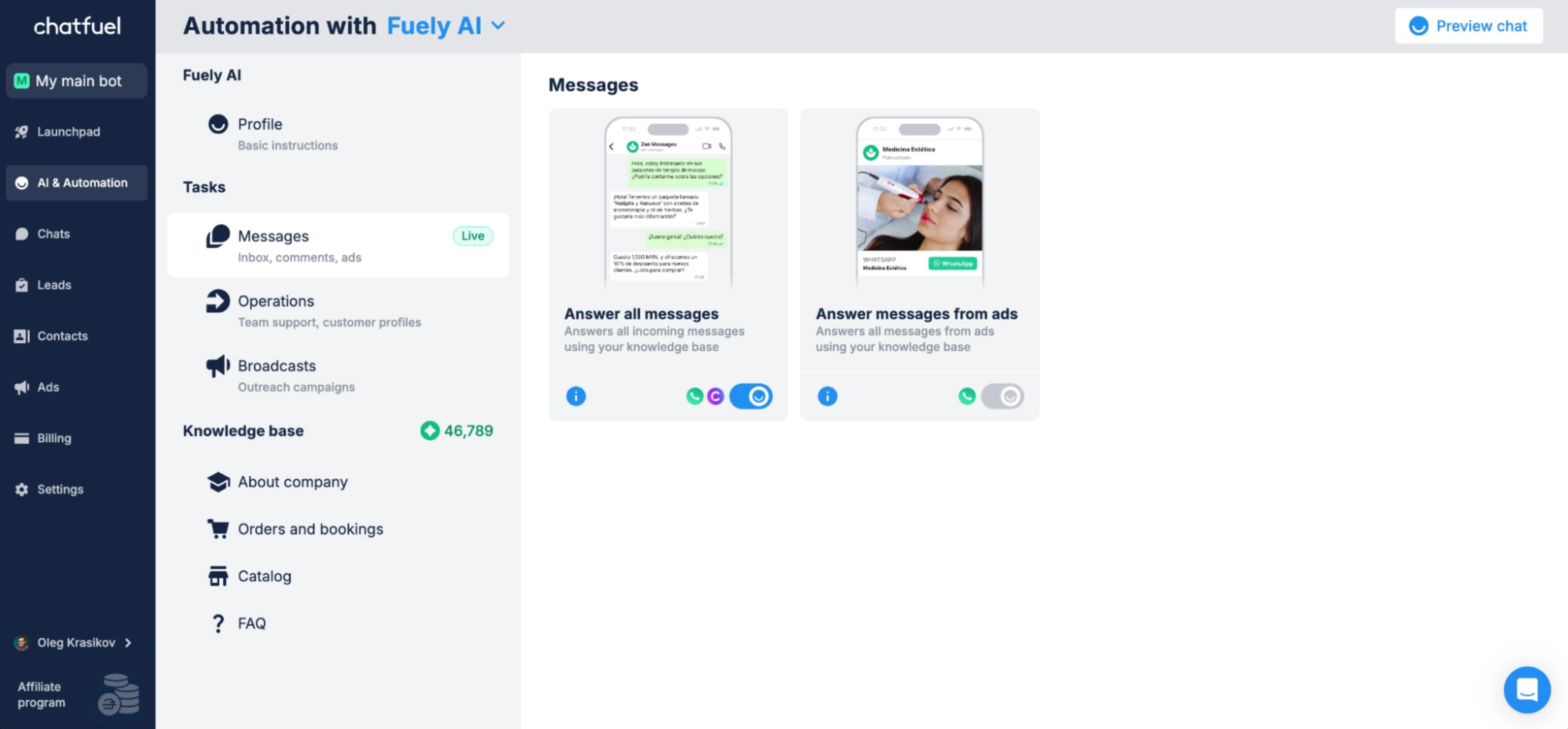 Chatfuel deals and dashboard interface from the official Chatfuel Help Center.