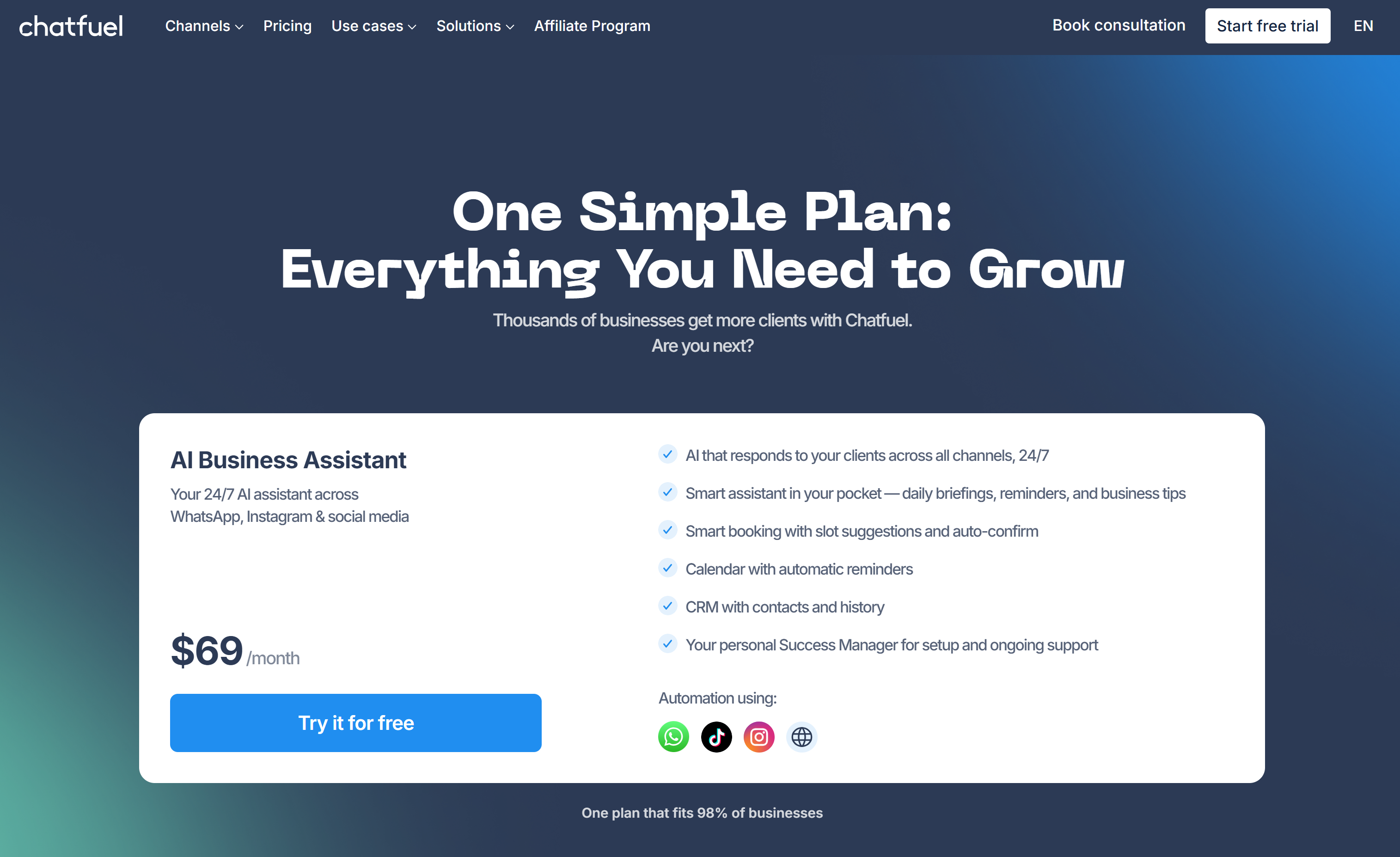 Chatfuel pricing and plan comparison from the official Chatfuel website.