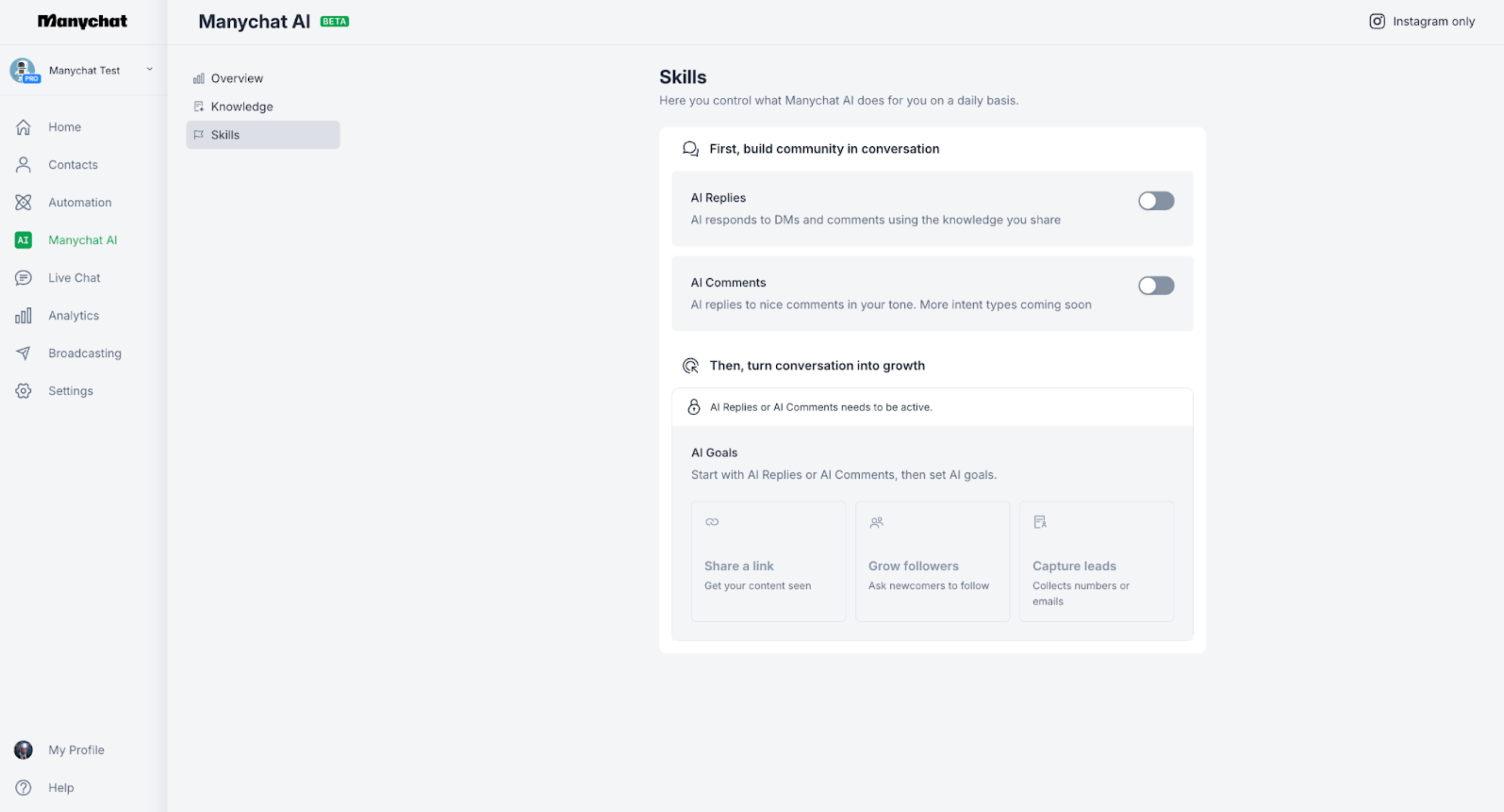 ManyChat builder showing AI options and channel steps from the official ManyChat Help Center.