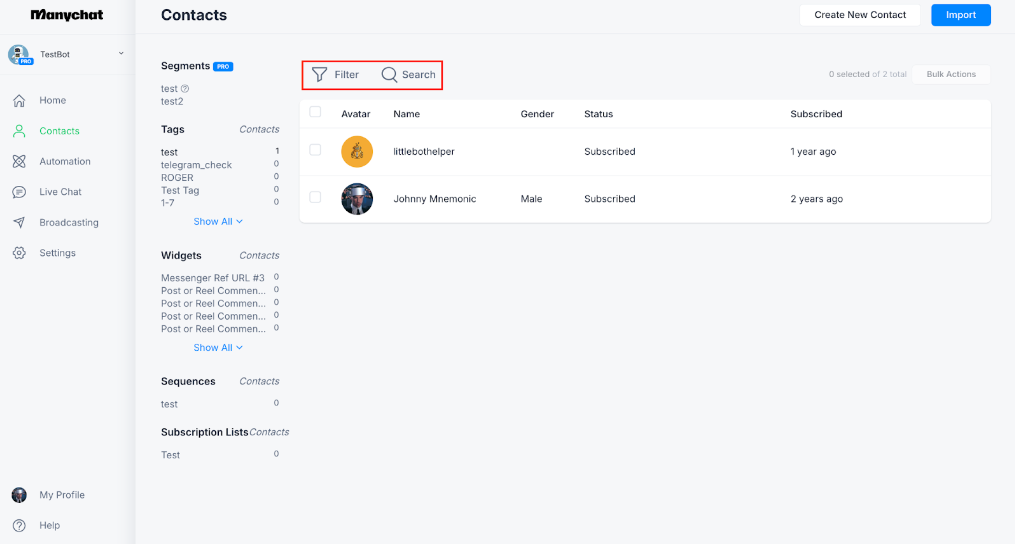 ManyChat contact profile and conversation context view from the official ManyChat Help Center.