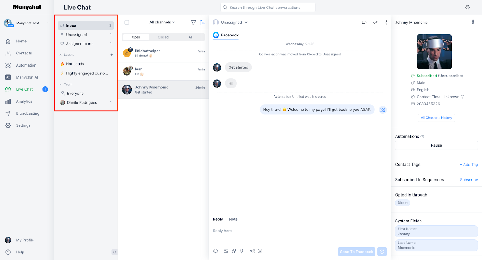 ManyChat Inbox folders, assignments, and conversation routing view from the official ManyChat Help Center.