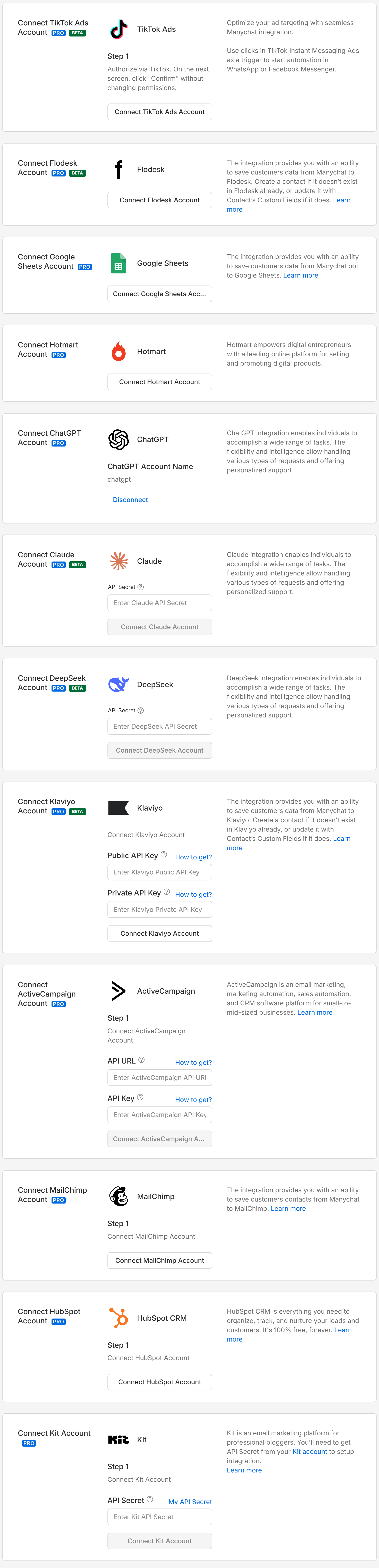 ManyChat settings and operational configuration view from the official ManyChat Help Center.