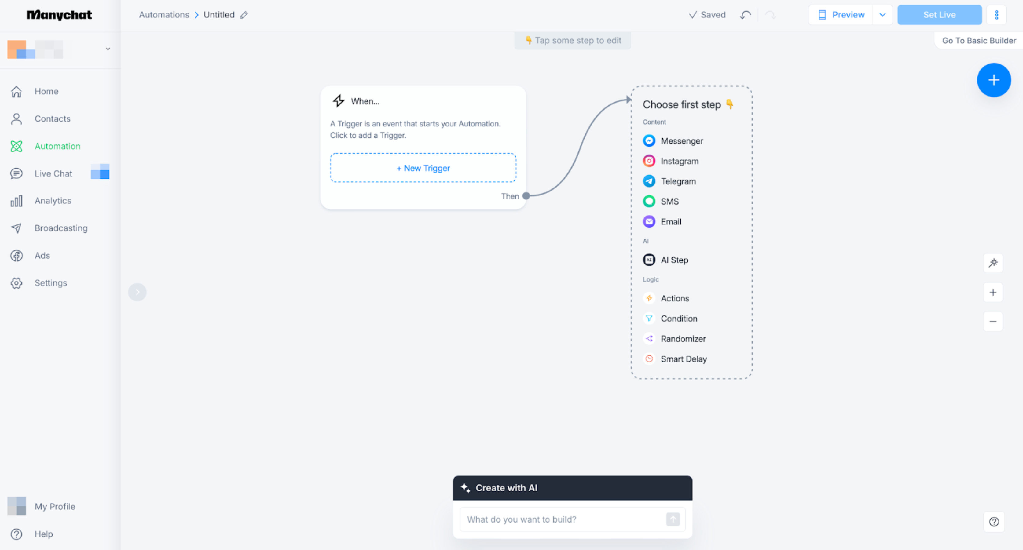 ManyChat automation flow builder with trigger, branches, and channel steps.