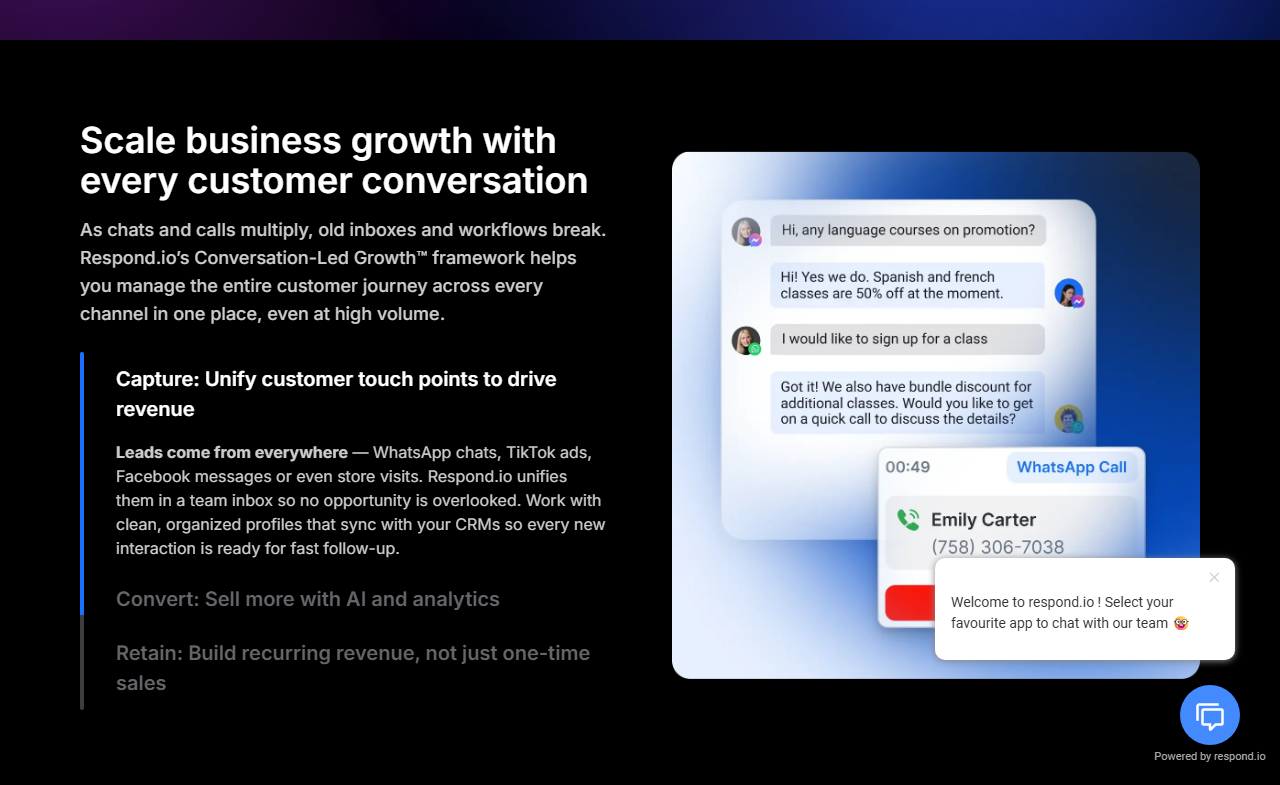 Respond.io customer journey and CRM sync presentation from the official respond.io website.