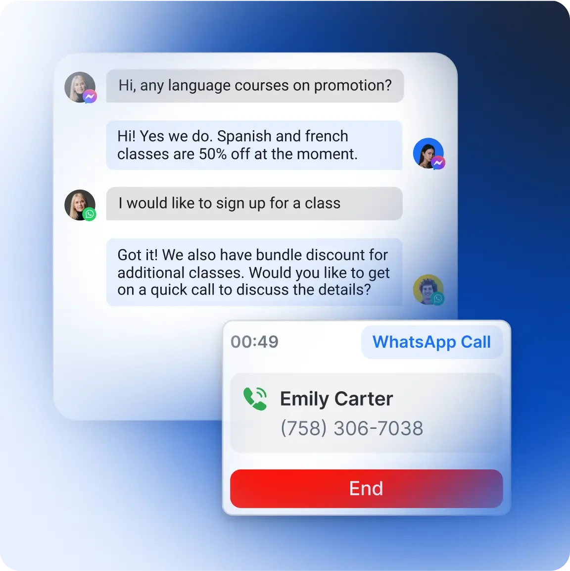 Respond.io multi-channel conversation example from the official respond.io website.