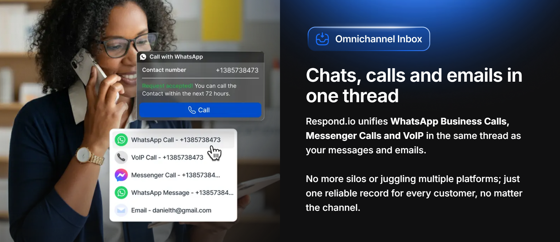 Respond.io omnichannel inbox interface from the official respond.io website.