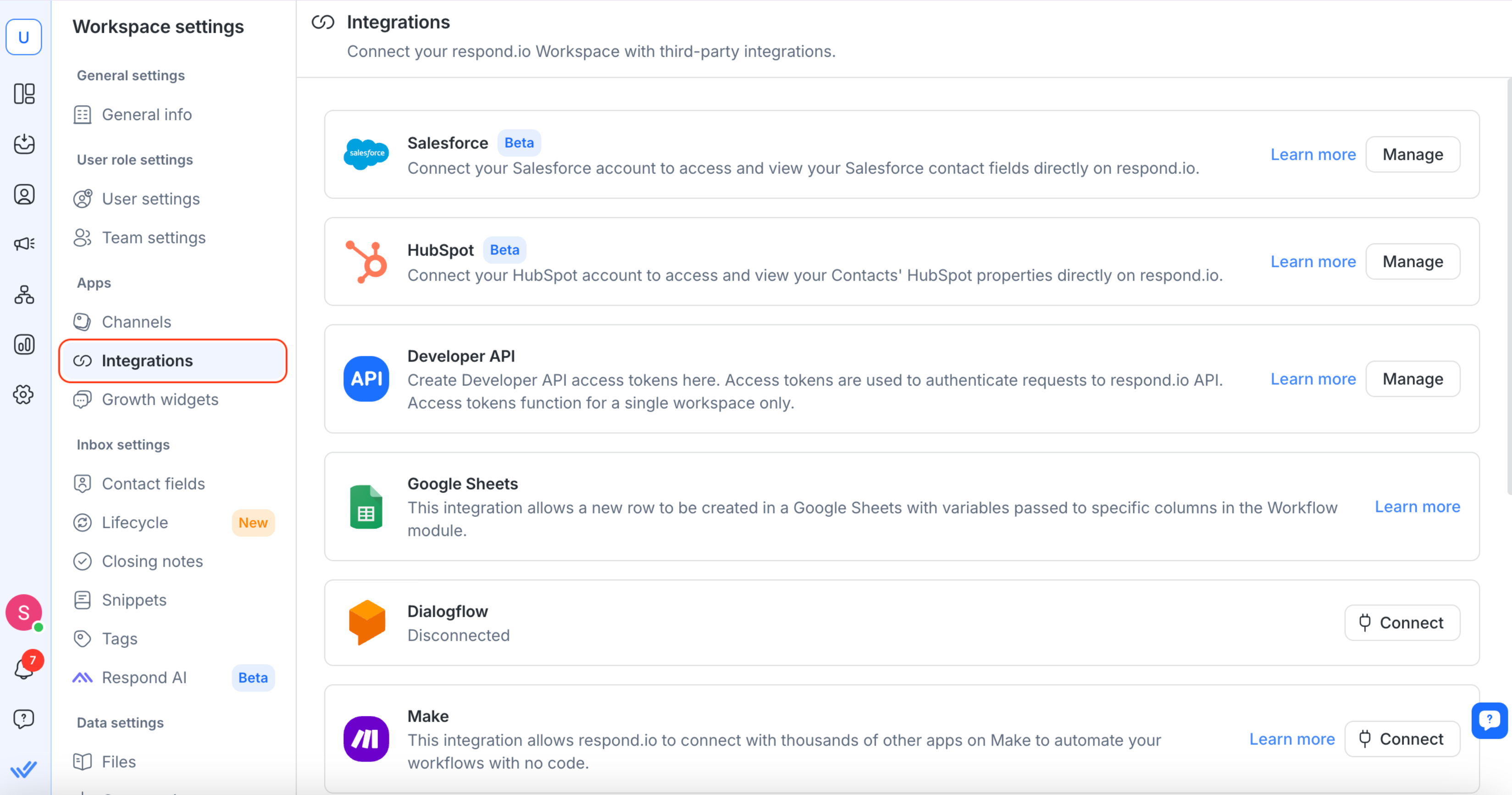 Respond.io integrations and webhooks settings from the official respond.io Help Center.