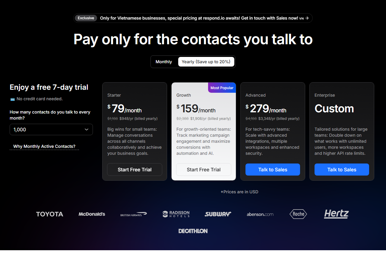 Respond.io pricing plans and workspace packaging from the official respond.io website.