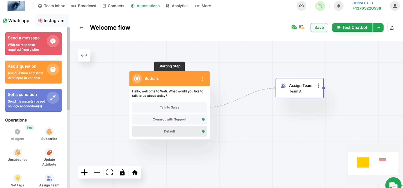 Wati welcome flow builder with AI and team assignment controls.