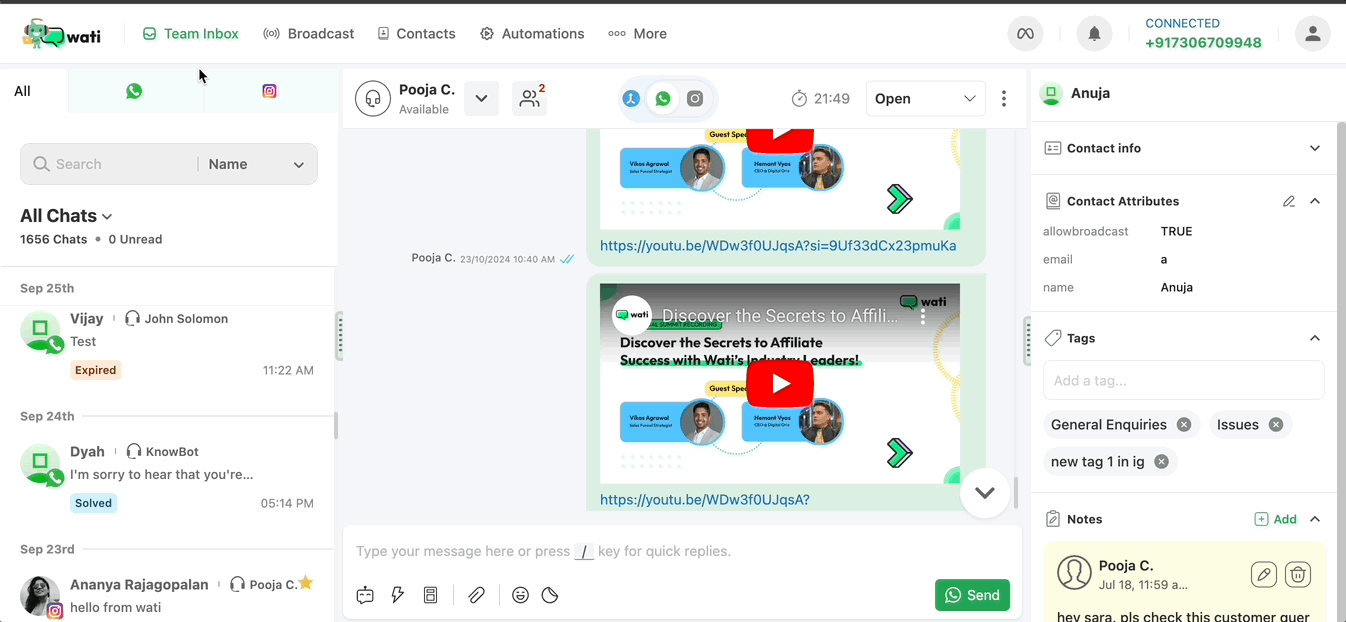 Wati team inbox with contact attributes and customer context from the official Wati Help Center.