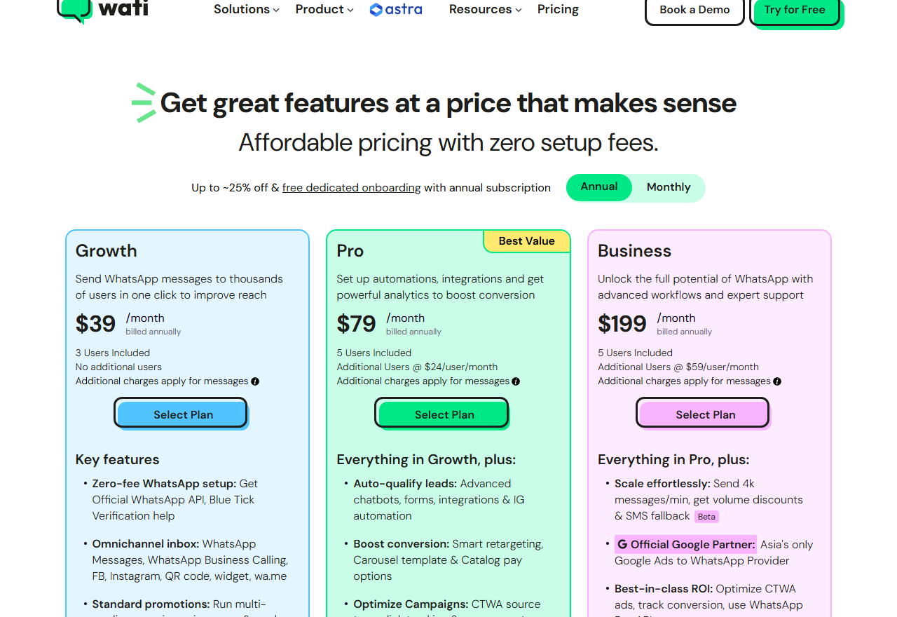 Wati pricing plans and feature breakdown from the official Wati website.