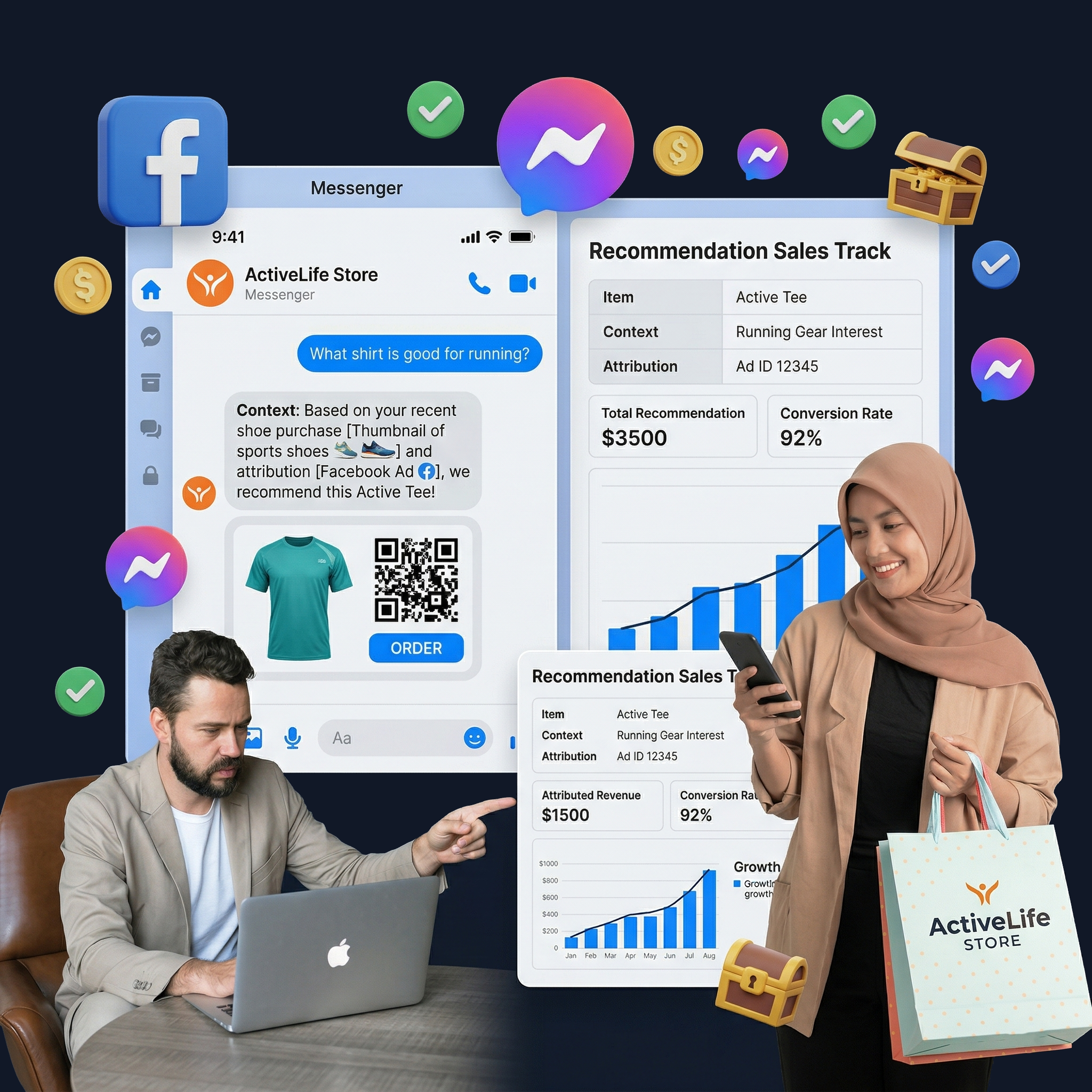 AI-driven Messenger product recommendations and sales attribution dashboard