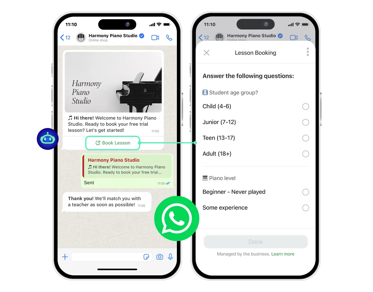 Education consultation and lesson booking flow inside ChatbotX