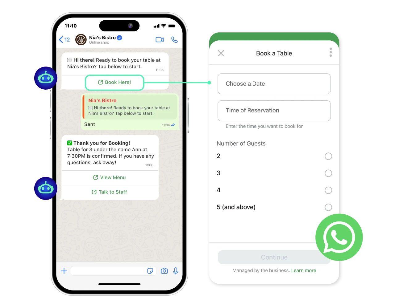 Restaurant reservation flow handled in ChatbotX