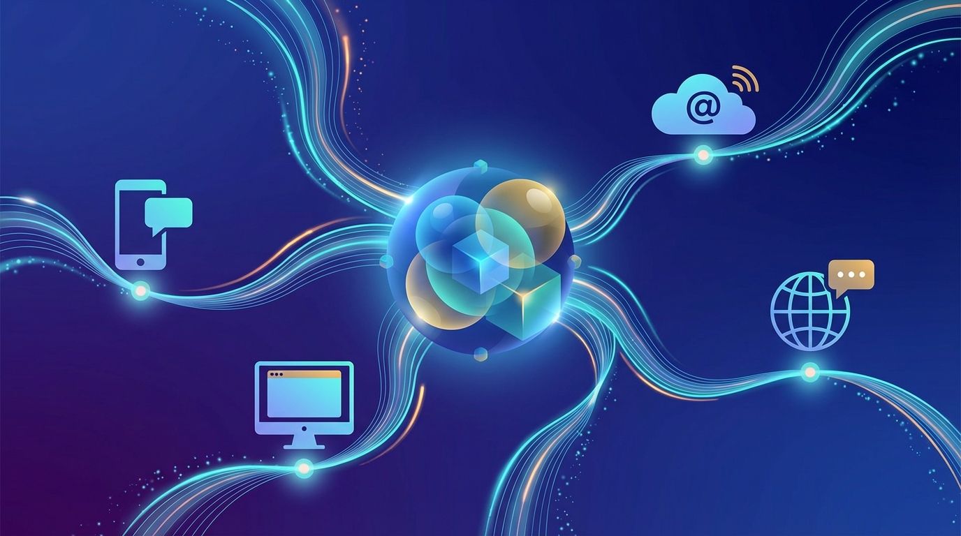 Sơ đồ minh họa một bộ não chatbot duy nhất kết nối nhiều kênh nhắn tin bao gồm WhatsApp, Facebook Messenger và trò chuyện trên trang web.