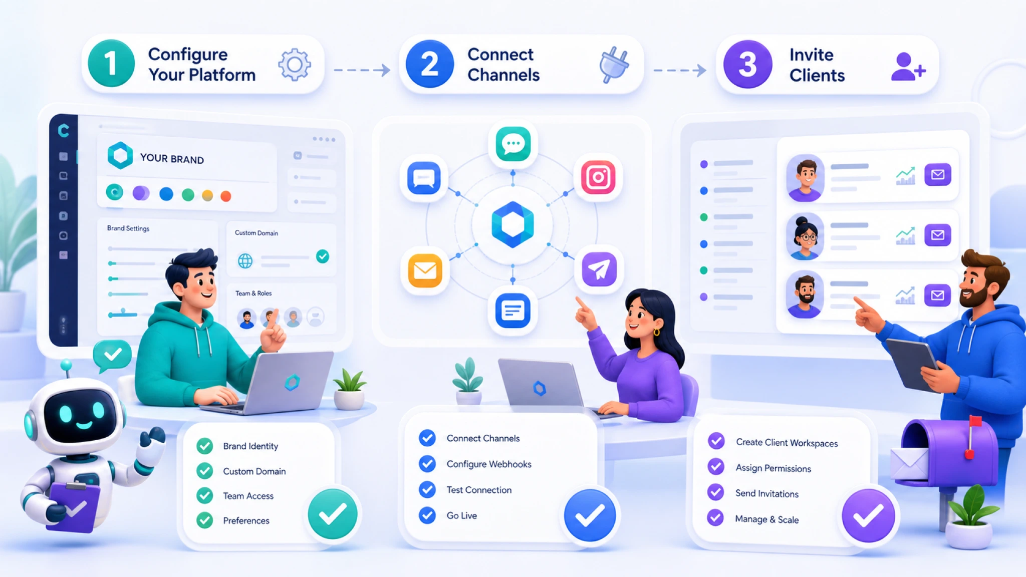Three-step agency onboarding workflow to configure ChatbotX, connect channels, and invite clients